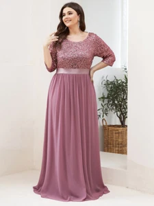 Women's Plus Size Elegant Round Neckline Long Sleeves Sequin Evening Dress - Picture 1 of 36