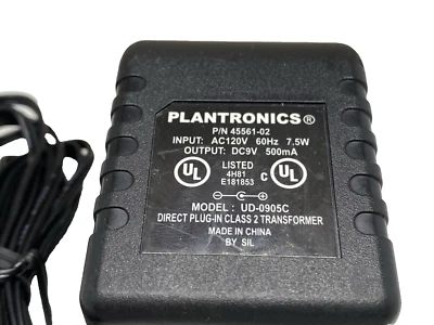 Genuine Plantronics UD090050C AC Adapter 9V 0.5A  P/N 45561-02 Power Supply OEM  - Image 1 of 4