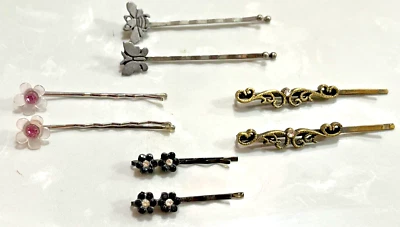 Butterflies Bee Rhinestones Flowers HAIR Bobby PINS 8 Pieces Decorative Vtg - Image 1 of 4