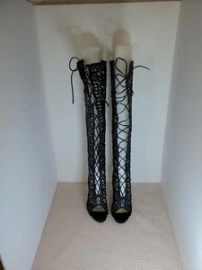 LFL Sexy Eyelash Lace Braided Cut out Thigh Boots Metal High Heels Shoe Size 5.5 - Picture 1 of 9