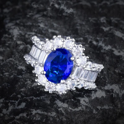 Nuevo Anillo de Lujo 10MM Ovalado Zafiro Azul Topacio Piedras Preciosas Mujeres Niña Plata Dije Foto 1 de 4