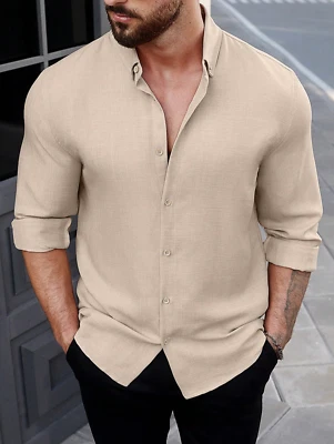 Camisa Caqui de Hombre Manga Larga de Hilo Elegante Informal Formal de Verano Foto 1 de 4