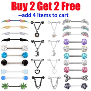 Pair Stainless Steel Nipple Rings Shield Tongue Barbell CZ Piercing for Women - Picture 1 of 27