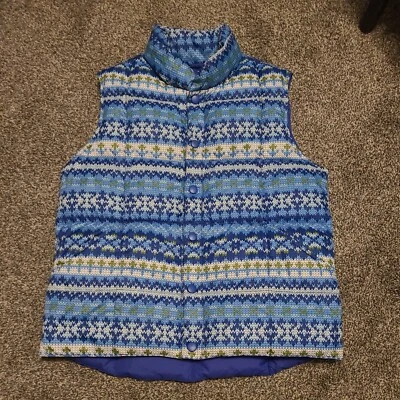 Lands End Down Fill Puffer Vest Blue Snap Front Girls Size M 10/12 Sweater Print - Image 1 of 4
