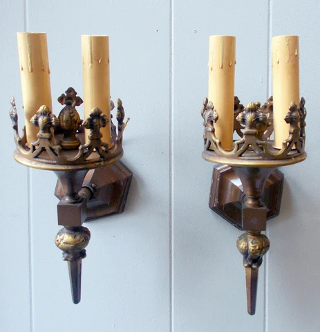 Antique PAIR Metal SCONCES GOTHIC MEDIEVAL CASTLE Rewired Cover