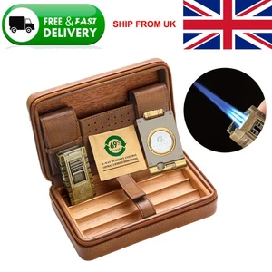 Leather Cigar Humidor Box Cedar Wood Windproof Torch 3 Jet Cigar Lighter Cutter - Picture 1 of 12