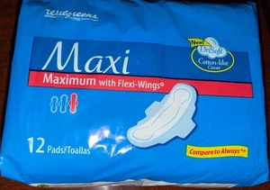 Walgreens Maxi Pads Maxi con Ali Flessibili 12 Cuscinetti Cotone Like Cover - Foto 1 di 2