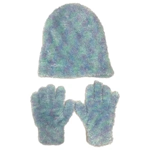 Girls Fuzzy Blue & Green Plush Hat & Gloves Beanie Set - Picture 1 of 1