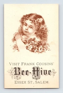 Massachusetts Salem Bee Hive Cute Little Girl Flowers 1890s Trade Card 4" x 2.5" - Picture 1 of 2