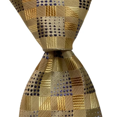 Corbata de diseñador ATE SETA para hombre 100 % seda geométrica amarilla/dorada/azul/bronceada usada en excelente estado Foto 1 de 3