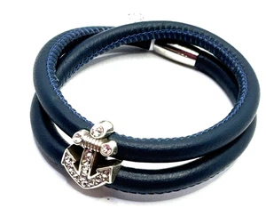 Brazalete de cuero doble Woodstock azul marino oscuro Brighton 16 pulgadas nuevo con etiquetas + cuentas de anclaje - Imagen 1 de 6