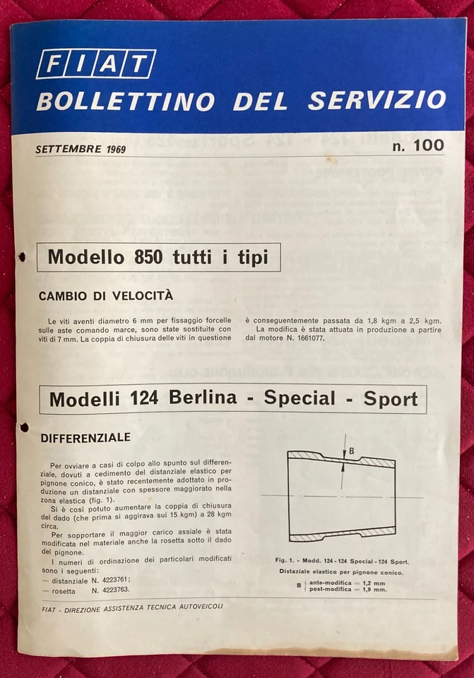 Fiat BOLLETTINO DEL SERVIZIO modello 850 e 124, n. 100 1968 - Immagine 1 di 1
