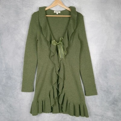Kinross Cashmere Cardigan Duster Womens Small Green Ruffle Ribbon Tie Sweater - Image 1 of 4