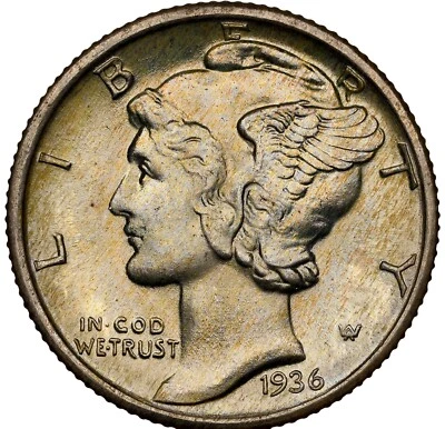 IMPORTANT 1936 NGC MS68FB Mercury Dime SUPERB GEM - White/Gold Tone - Image 1 of 4