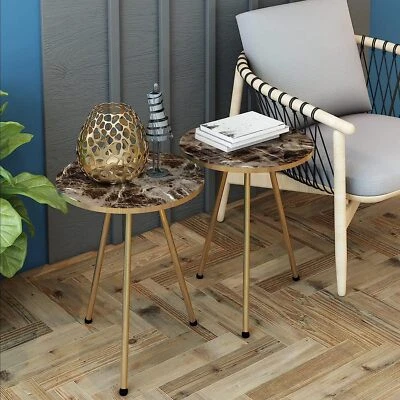 Set of 2 END Tables Marble Look Wood Round Sofa Side Table for Small Spaces - Image 1 of 4