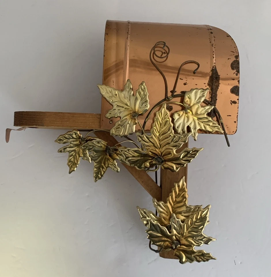 Vtg Home Interiors Copper Wooden Mailbox with Brass Leaves Wall Hanging Homco - Image 1 of 4