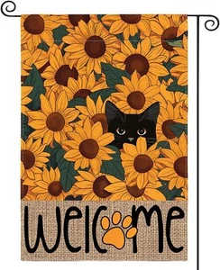 Spring Summer Garden Flag 12X18 Inch Double Sided Outside, Black Cat Welcome Flo - Picture 1 of 7