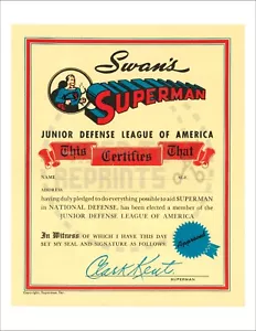 ZERTIFIKAT - SWAN'S SUPERMAN JUNIOR DEFENSE LEAGUE OF AMERICA - VINTAGE NACHDRUCK - Bild 1 von 1