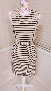 Cue Cream & Black Striped Dress With Belt Size 12. Pockets Casual Work - Picture 1 of 8