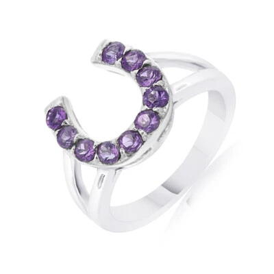 7/8 Ct Horseshoe Band Ring Simulated Amethyst 14k White Gold Plated 925 Silver - Image 1 of 2