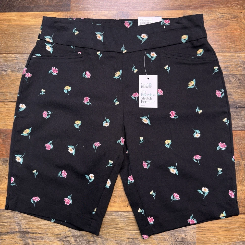 Bermudas Croft & Barrow para mujer 10 pequeñas negras florales tiro medio elásticas nuevas Foto 1 de 4