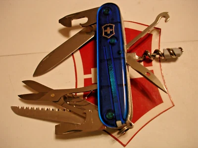 VICTORINOX TRANSLUCENT SAPPHIRE BLUE HUNTSMAN PLUS 18 FUNCTION SWISS ARMY KNIFE - Image 1 of 4