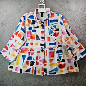 $89 NWT Ali Miles Colorful Top Shirt 3X Geometric Print 3/4 Sleeve White - NEW - Picture 1 of 13