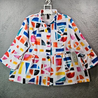 $89 NWT Ali Miles Colorful Top Shirt 3X Geometric Print 3/4 Sleeve White - NEW - Image 1 of 4