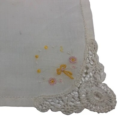 Vintage White Handkerchief Hanky With Lace Corner Design Pink Flowers Bow  - Image 1 of 4