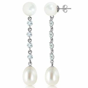 11 Carat 14K White Gold Chandelier Gemstone Earrings w/ Aquamarine & Pearl - Picture 1 of 3