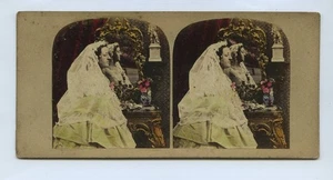 Tinted Genre Stereoview Of Bride & Mirror c1850s - Picture 1 of 2