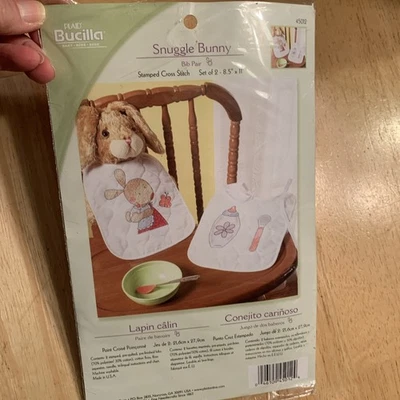 Bucilla SNUGGLE BUNNY Bib Set of 2 Stamped Cross Stitch Kit Gift - Image 1 of 4