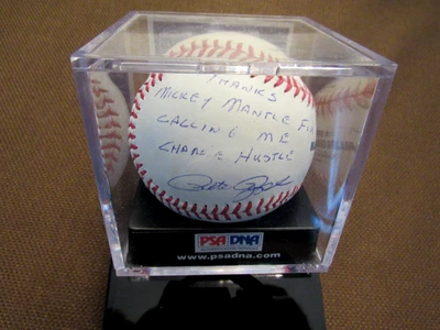 PETE ROSE THANKS MICKEY MANTLE CHARLIE HUSTLE REDS SIGNED AUTO BALL PSA/DNA 9.5 - Image 1 of 4
