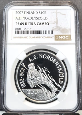 2007 FINLAND SILVER 10 EURO A.E. NORDENSKOILD NGC PF 69 ULTRA CAMEO GEM PROOF - Image 1 of 3