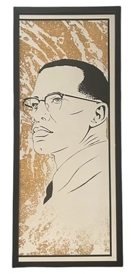 Espejo de arte en vidrio reverso Malcolm X de colección marco negro agrietado dorado listo para colgar Foto 1 de 4