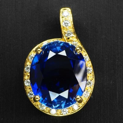 Spectacular Royal Blue Sapphire Oval 8Ct 925 Sterling Silver 24K Gold Pendants - Image 1 of 4