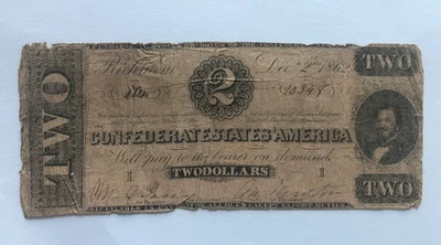 Dec 2, 1862 Confederate Treasury Note $2 Two Dollars T-54 Judah Benjamin - Image 1 of 2