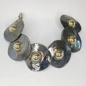 Vintage Artisan Modernist Metal Brass Disc Statement Bracelet - Picture 1 of 16