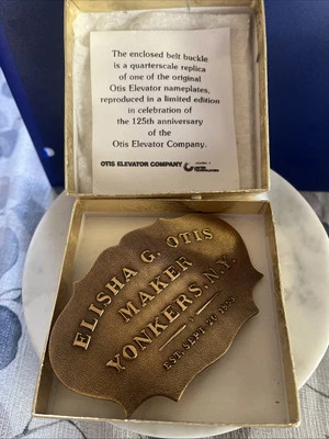 Vintage Brass Elisha Otis Elevator Co. NAMEPLATE 125Th Anniversary Belt Buckle - Image 1 of 4