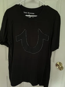 True Religion Men T-Shirt Size L Short Sleeve Crew Neck Black World Tour - Picture 1 of 6