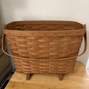 Vintage Longaberger Footed Magazine Basket Swinging Handle 1990 Signed - Picture 1 of 7