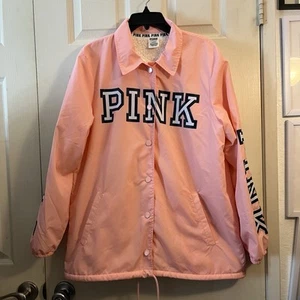 Victoria's Secret Lt. Pink Sherpa Lined Anorak Jacket sz Medium White Navy Logo - Picture 1 of 5