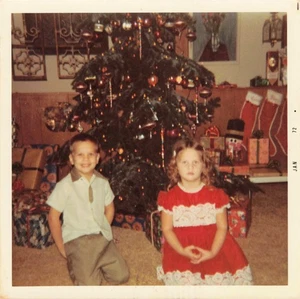 VTG Photo Cute Boy & Girl Stocking Christmas Tree Ornaments Presents Dress - Picture 1 of 1
