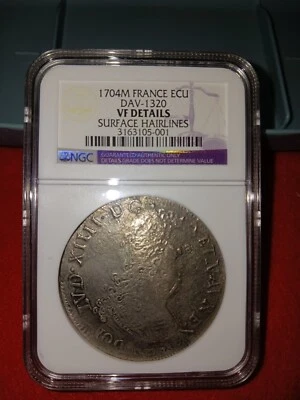 1704-1709 France  ECU DAV 1320  NGC VF DETAILS SURFACE HAIRLINES. OVERSTRUCK. - Image 1 of 4
