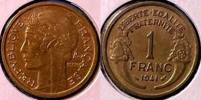 France 1941 1 Franc KM-885 Copper-aluminum aUNC #BB16 - US Seller - Image 1 of 2
