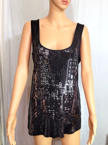 DKNY Womens Tank Top M Sequined Black Cocktail Blouse Nightclub Party Cotton - Picture 1 of 12
