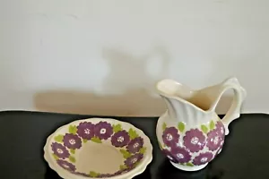 Vintage 1970 Purple Raised Daisy Flowers Pitcher and Matching Bowl miniature - Picture 1 of 6