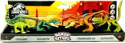 Mattel Jurassic World Bendy Biters 4 Pack Figures Stego Raptor Rex Dilophosaurus - Image 1 of 2