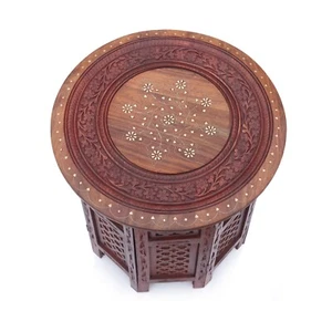 Indian Handcarved 18 Inch Wooden Side/End Table with Brass Inlay on Floral Motif - Picture 1 of 6