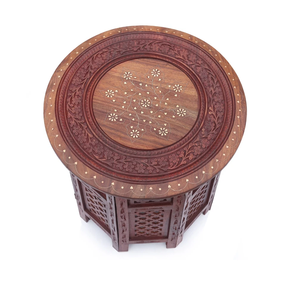 Indian Handcarved 18 Inch Wooden Side/End Table with Brass Inlay on Floral Motif - Image 1 of 4